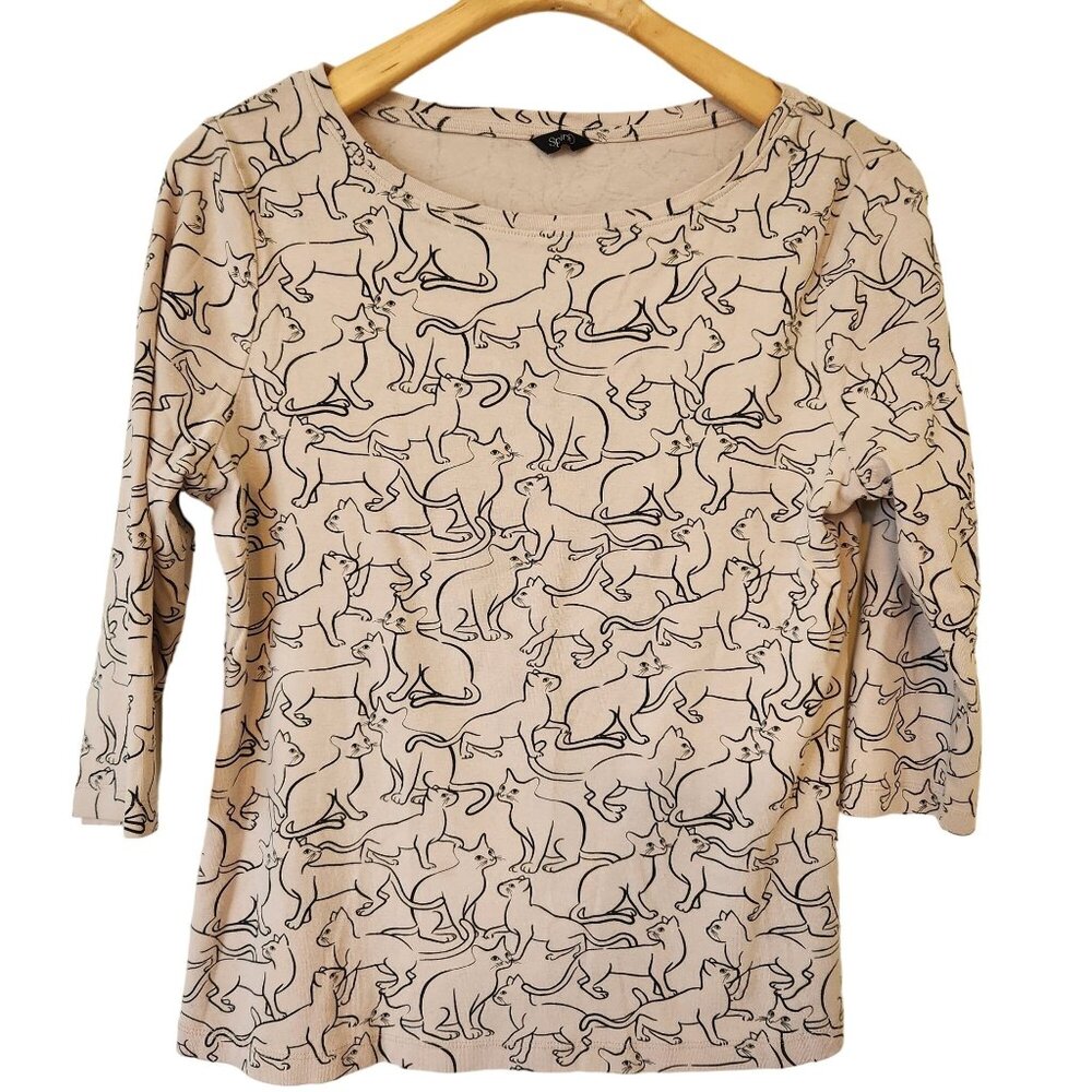 Kitty Cat Print Top Shirt Tan Black Whimsigoth Witchy Halloween Spirit Fairycore - Picture 2 of 15